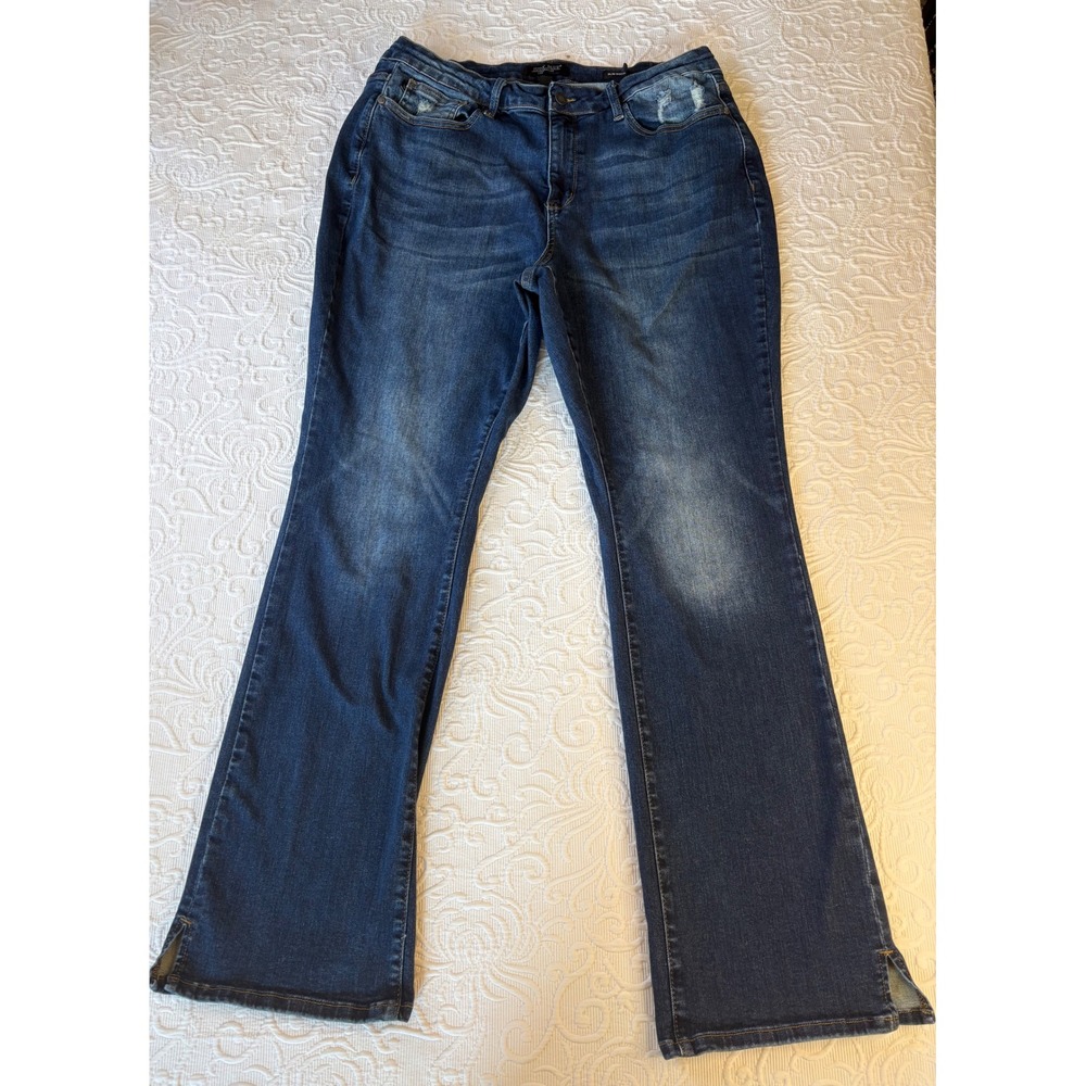 Judy Blue Slim Bootcut Jeans Dark Wash Distressed Side Slit Denim Womens 18